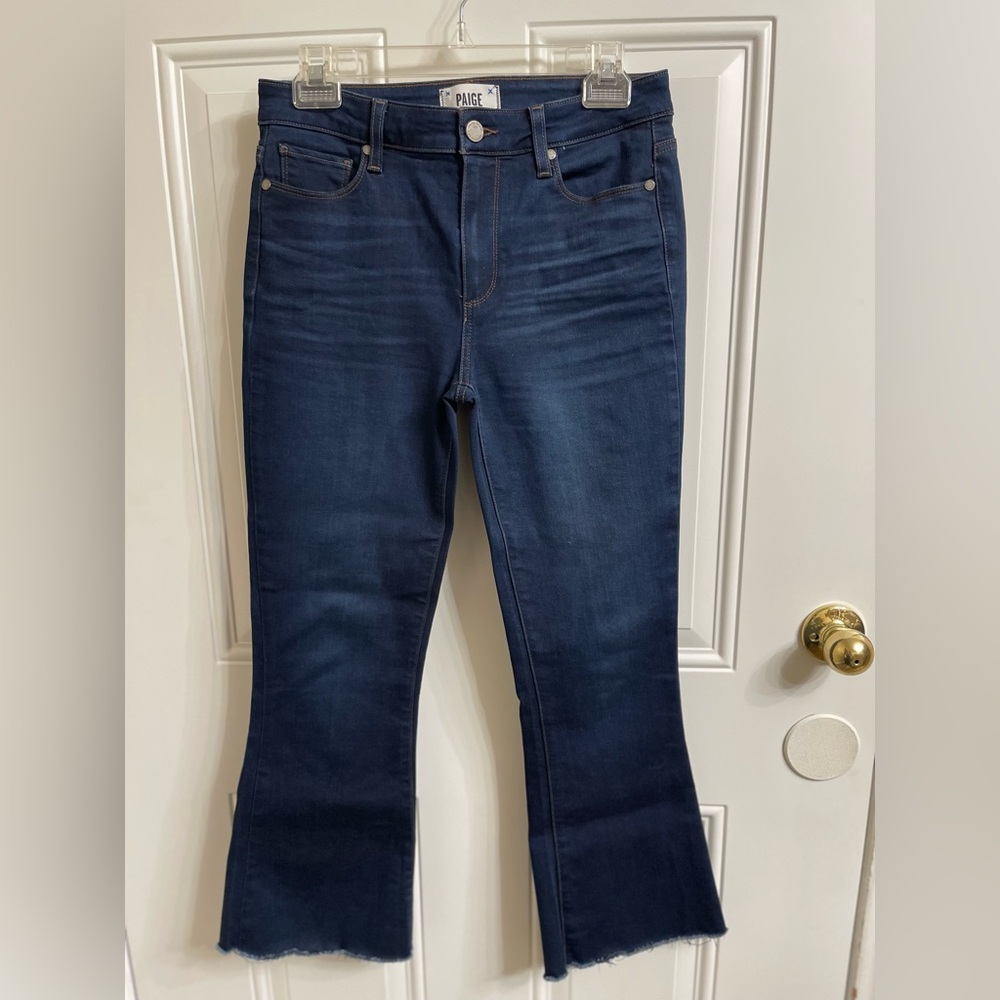 PAIGE Dark Wash Flare Jeans – Raw Hem | Premium Denim Sz28